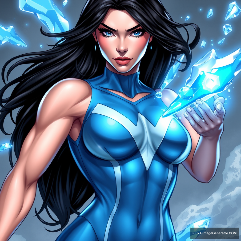 A gorgeous dark-haired female superhero with water and ice powers wearing an azure bodysuit; she has a muscular, toned body. - Image