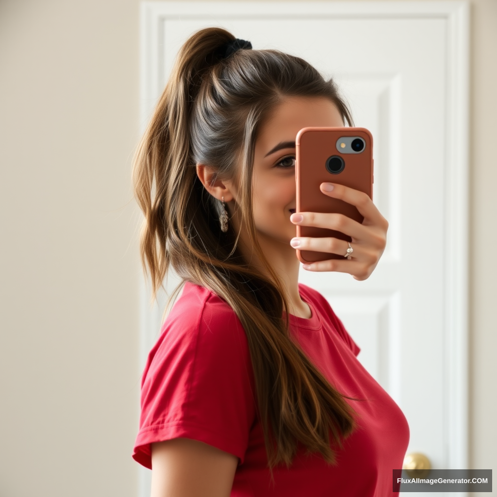 A very pretty skinny 28-year-old Ally Hinson, with brown hair tied back in a ponytail, wearing a red t-shirt, taking a selfie with an iPhone.