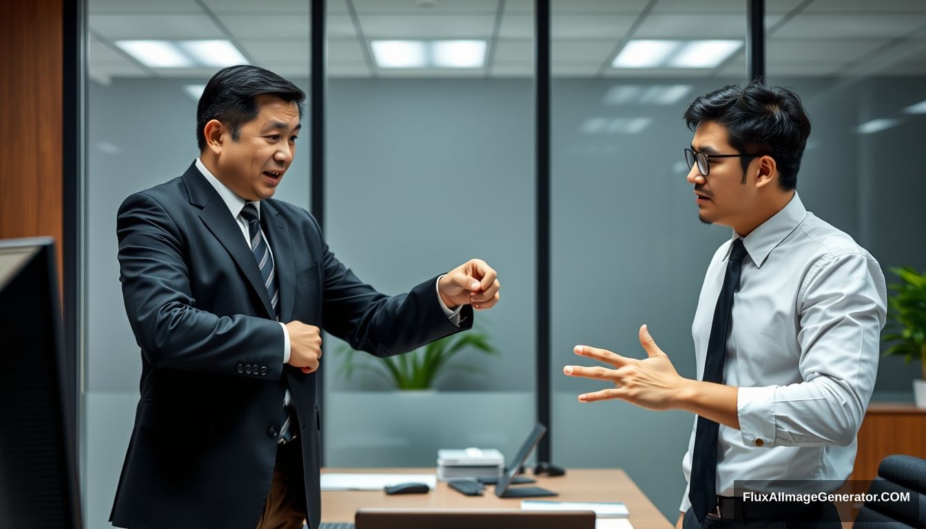 This is an office scene. There is a man in a black suit on the left side of the screen. His name is Paul, an Asian. Paul is very angry. He smacks his hand and points to the right at another man wearing a white shirt and a black tie. They are quarreling. His name is Ivan, an Asian. Ivan's opponent made a blocking gesture and had a disgusted facial expression.