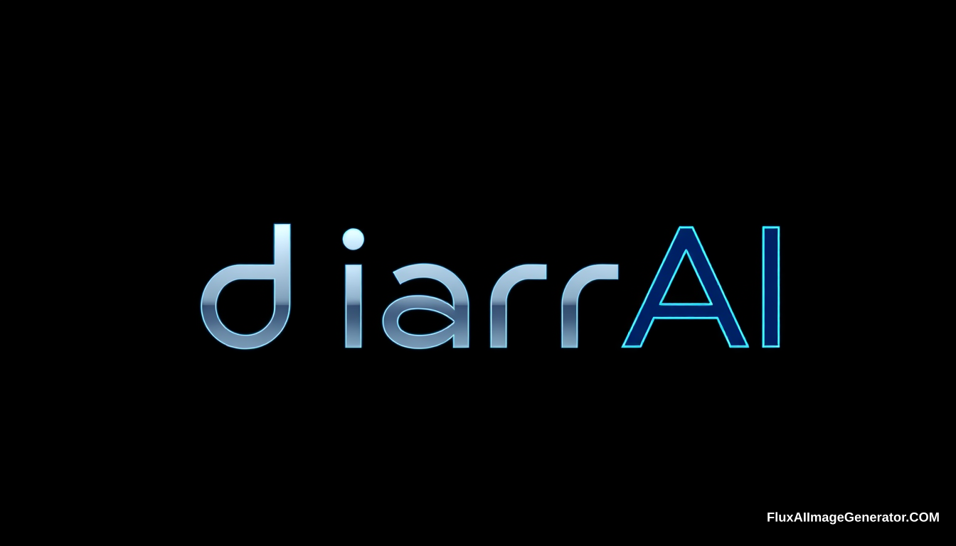 "Logo design for 'diarrAI' text, representing a high-tech AI solutions company. Futuristic and advanced, minimalistic and linear style, sleek geometric shapes, sharp lines. Use modern, elongated sans-serif font. Metallic or neon accents, with a focus on simplicity. Color palette: silver, deep blue, black, with subtle neon highlights. The logo should feel like it's from 3000 years in the future. Unreal Engine."