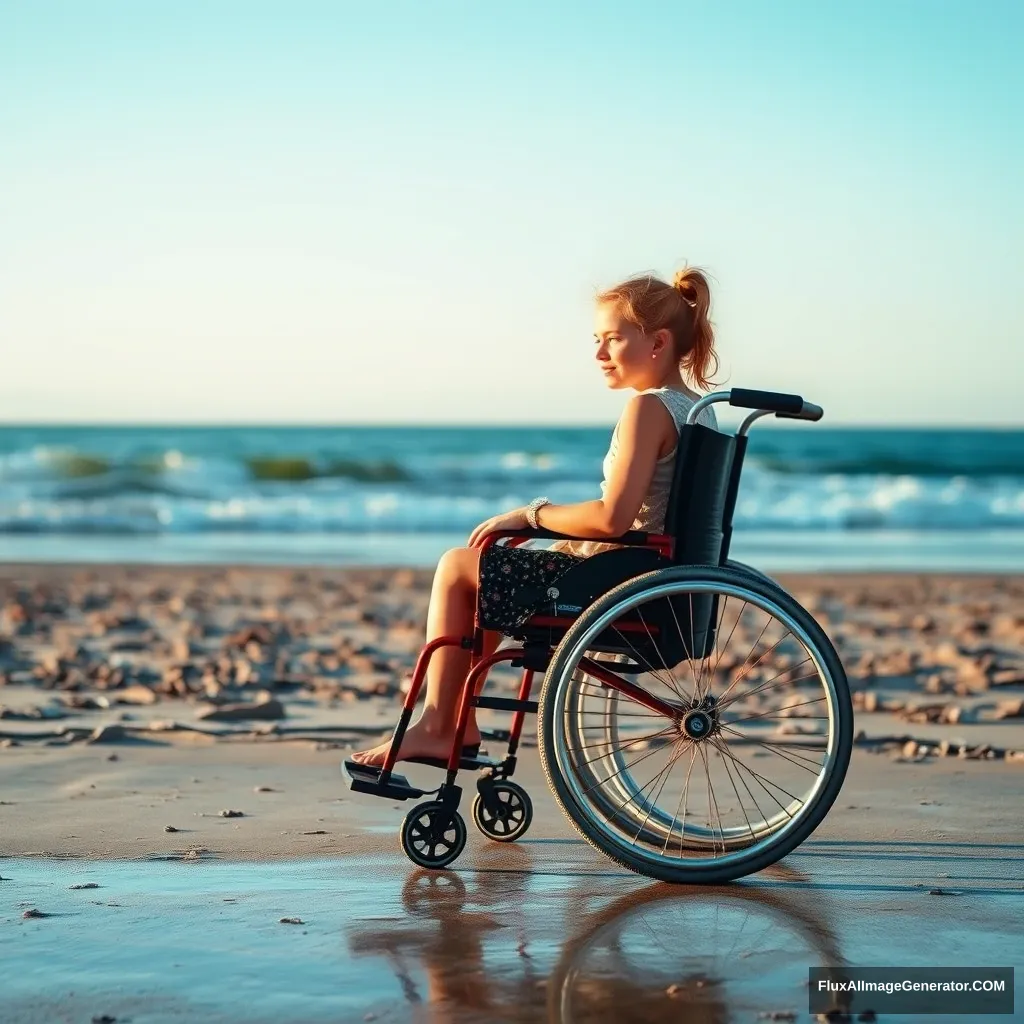 a girl in a wheelchair on the beach