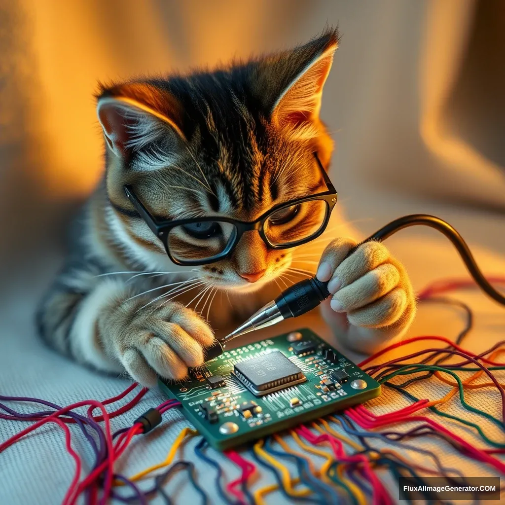 A mischievous tabby cat, wearing tiny spectacles, meticulously solders a circuit board with a miniature iron. Vibrant threads weave intricate patterns, mimicking electronic pathways. Soft fabric backdrop, warm lighting. Delicate French knots form components. Style: Hyper-realistic embroidery art, blending traditional craftsmanship with modern technology.