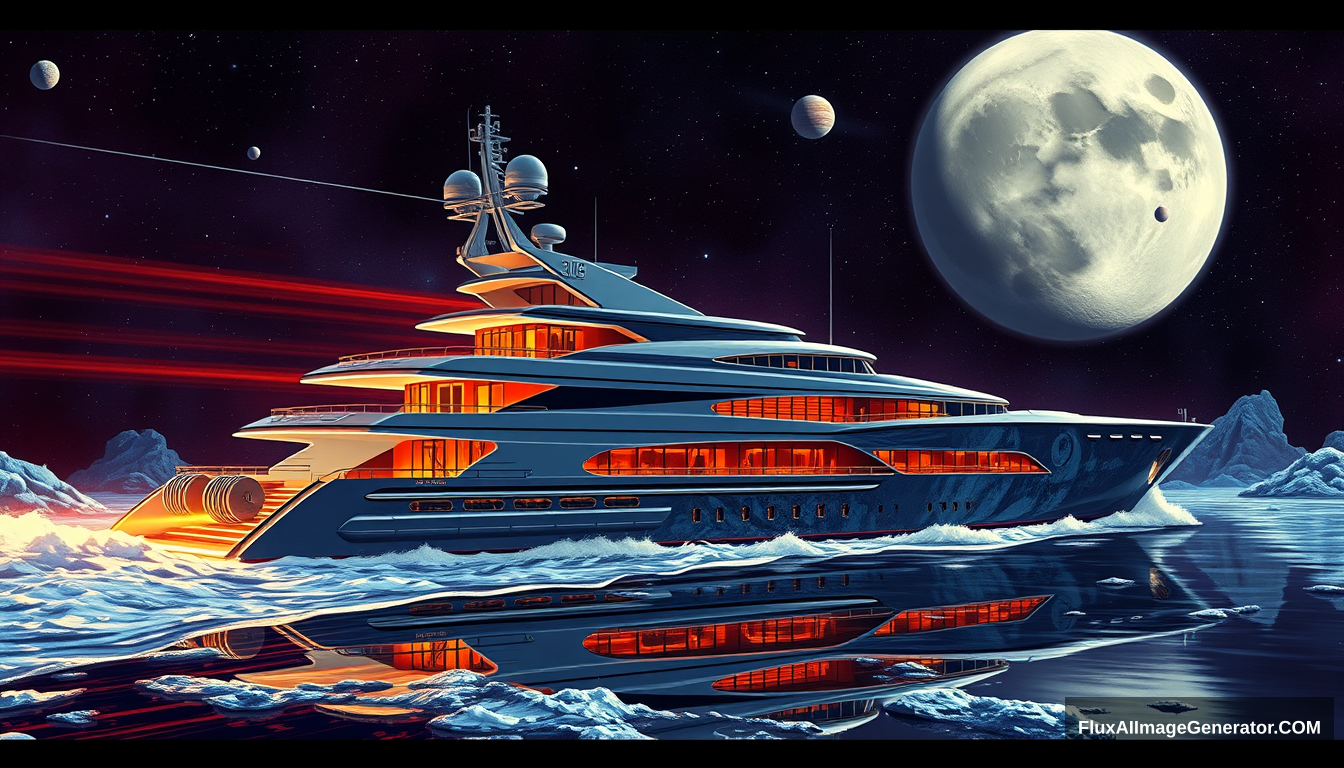 a luxury space-yacht, as painted by Syd Mead, deep space setting, 4k, full-length mural along the side.