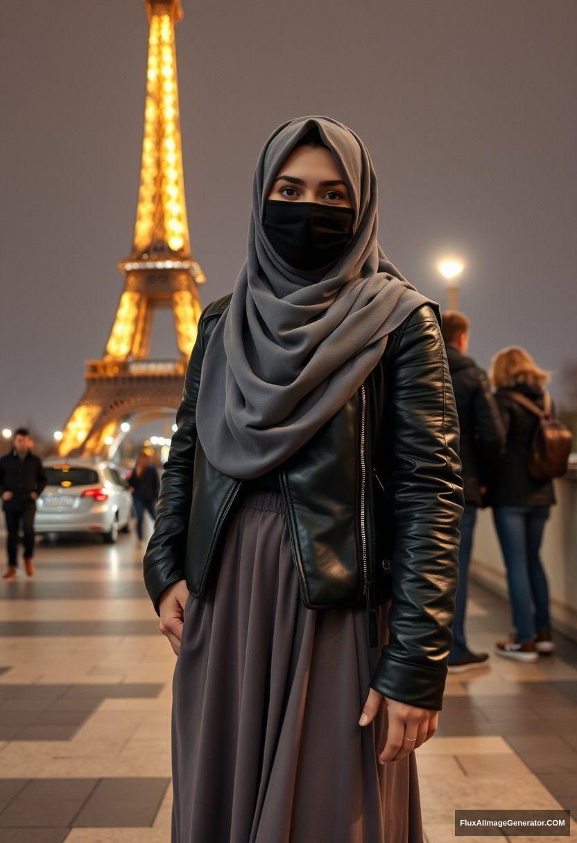 Biggest grey hijab Muslim girl, beautiful eyes, black face mask, leather jacket, biggest longest skirt, standing near Eiffel Tower, with Jamie Dornan, leather jacket, jeans, night scenery, strangers back, hyper realistic, photorealistic, selfie, full photography.