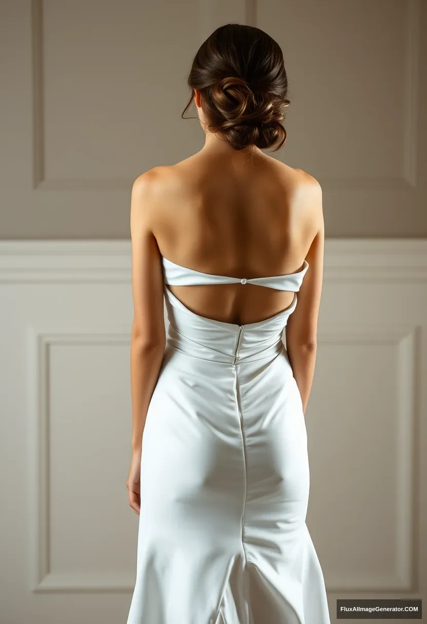 a short young woman, sensitive, delicate, ashamed, backless strapless side-less low-waisted open-back contouring wedding dress with a too-loose top that seems like it's spilling, in front of patriarchy, expectations