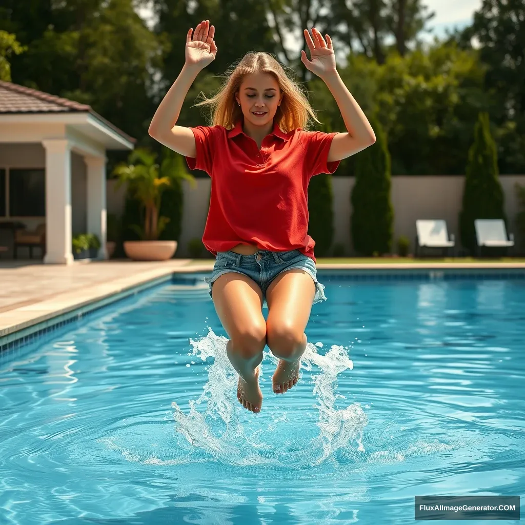 Front view of a young blonde skinny woman who has a good tan is in her early twenties, in her massive backyard, wearing a massively oversized red polo t-shirt that is a bit off balance on one of the shoulders and the bottom part of her t-shirt isn't tucked in. She is also wearing M-sized light blue denim shorts and she is wearing no shoes or socks. She jumps into the pool with her arms straight down, creating a big splash with her legs going underwater.