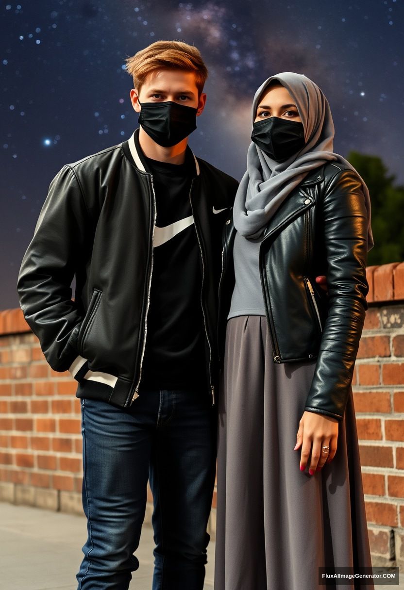 Jamie Dornan, youngest, black face mask, collage jacket, Nike t-shirt, jeans, tall man, fit body,

Dating, love with the biggest grey hijab Muslim girl, beautiful eyes, black face mask, leather jacket, biggest longest skirt, cute short girl,

standing at a brick wall, night scenery, Milky Way, hyper-realistic, photorealistic, street photography.