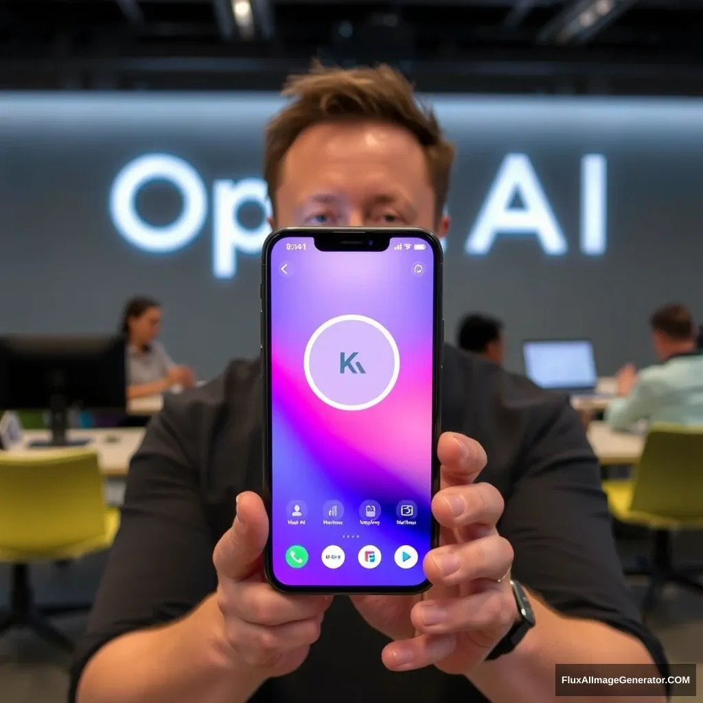 Elon Musk holds a phone and the phone screen shows the KainoAI app, the background is at the OpenAI office.