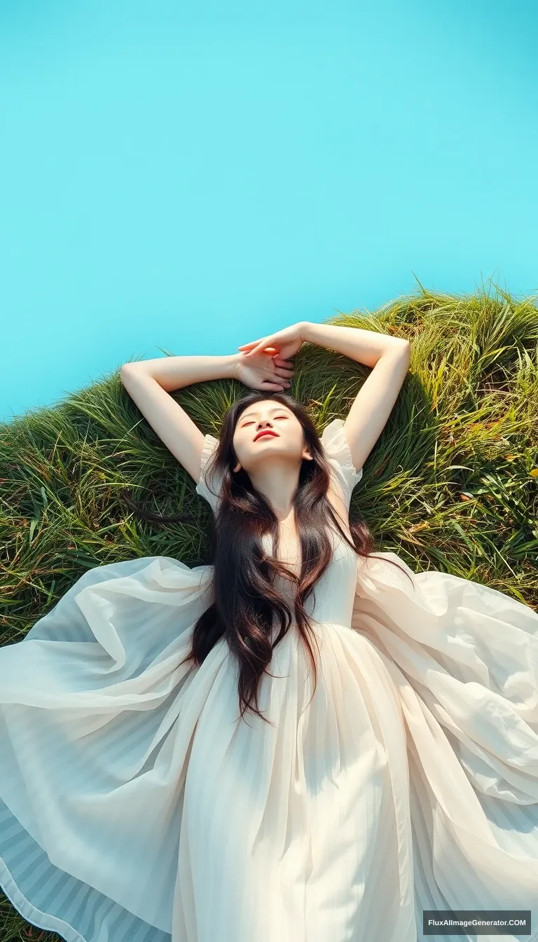 A stunning aerial photograph of a lovely Chinese woman exuding a clear, refreshing presence, lying on the grass in a full-length pose, dressed in a simple skirt under a bright blue sky. The sunlight is soft and warm, enveloping her in a gentle, golden glow. The composition is minimalistic, highlighting the model's elegance and the fresh, tranquil setting. Specific traits of style include an overhead shot for a unique perspective, a high-end fashion photography approach, a selective focus technique to draw attention to the subject, a refined color palette that emphasizes the clarity and purity of the scene, and expert use of natural light to create a soft, radiant finish, HD quality, natural look --ar 4:3 --v 6.0. - Image