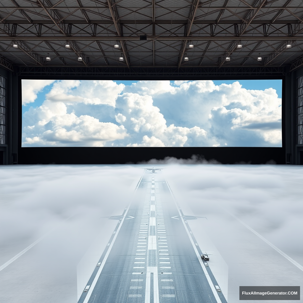 1100 feet tall, 2350 feet wide screen displaying clouds and sky with a tiny little runway going from a vantage point leading to the screen. The runway's vantage point getting larger as it comes to the forefront of the overall image on a beach, with an overall theme reminiscent of the movie 300 or Kanye West's "Blood on the Leaves." Fog occupies the sides of the runway, fully filling all space on either side, leaving the floor area to show only the runway itself, but not extending over the runway, only covering the side areas. No people in the image. The overall image is in 4K. Change the sky to an all-white wall, resembling a photographer's white room in a giant warehouse-like space that appears endless, with no ceiling or other walls. - Image