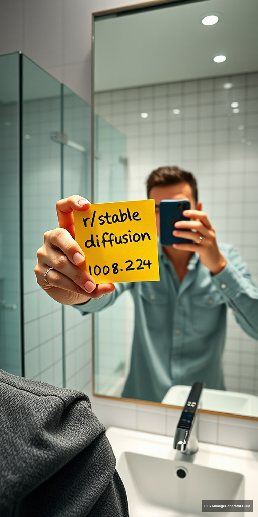 Man in sleek modern bathroom, capturing selfie in spotless mirror. Hand holds vibrant yellow post-it note with "r/stablediffusion" and "10/08/24" written clearly. Hyper-realistic style: razor-sharp details, lifelike textures, impeccable lighting. Crisp reflections, subtle emotions, contemporary tech-savvy atmosphere. Meticulous tile work, gleaming fixtures.