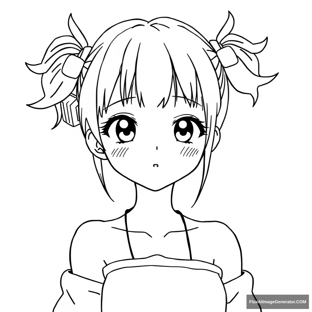 Neat and simple line art character drawing. Anime girl. Beautiful. Simple eyes. Some accessories. Crop top.