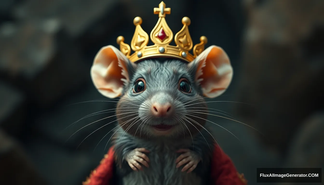 Fantasy cute anthropomorphic rat king in a crown, octane render, there is a king text in the crown.