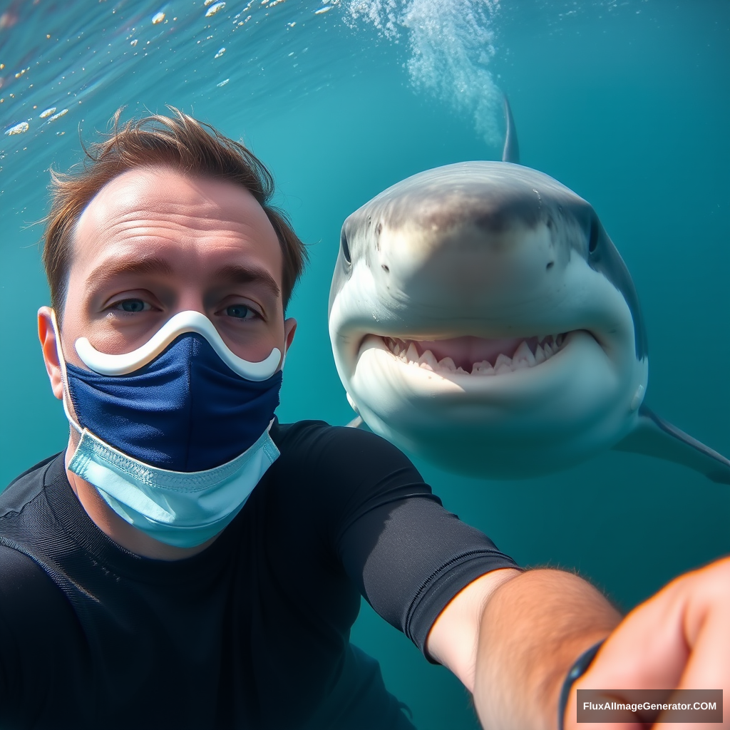 A man in a mask is taking a selfie with a shark.