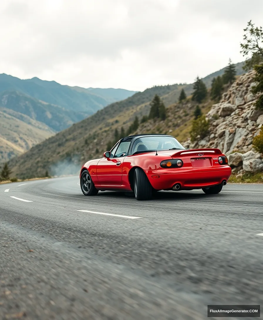 Create an image of a red 1991 Mazda Mx5 drifting on a mountain road.