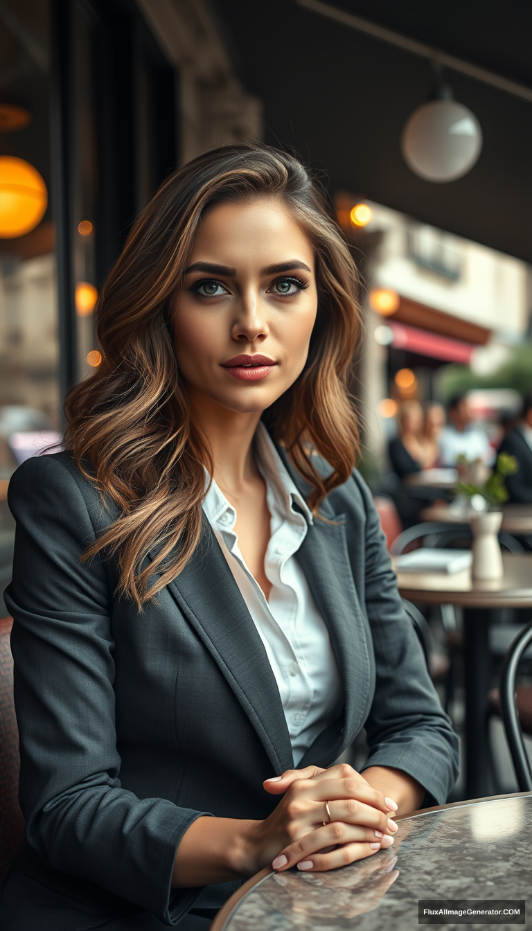 closeup of a stunning businesswoman sitting at a café in Paris