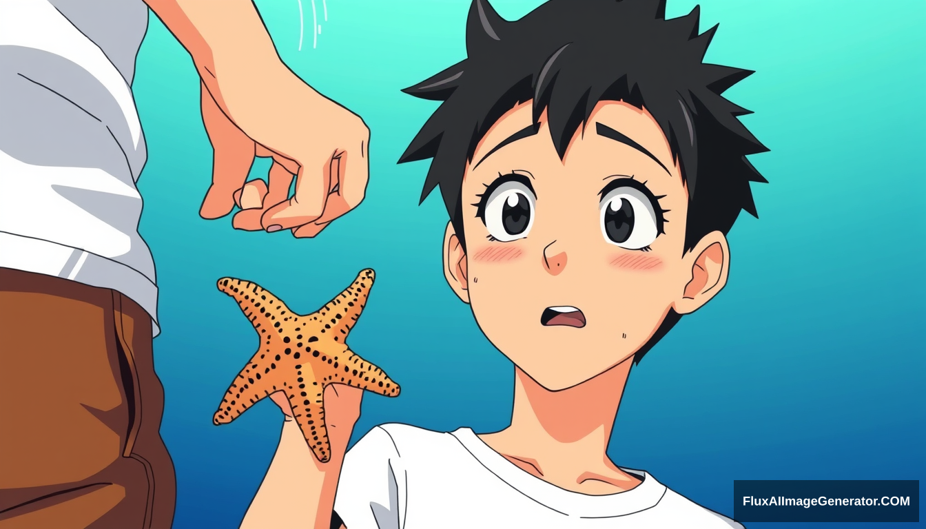 Anime-inspired style, Close-up shot: The boy's face (10 years old, spiky black hair, white t-shirt) as he speaks, animated and earnest with overemphasized expressions. His hand holds up a starfish, drawn with intricate details. The camera slowly pans down to the starfish, then back to the boy's face with a dramatic swish effect. Part of the man's brown pants visible in the frame, texture emphasized with cross-hatching.