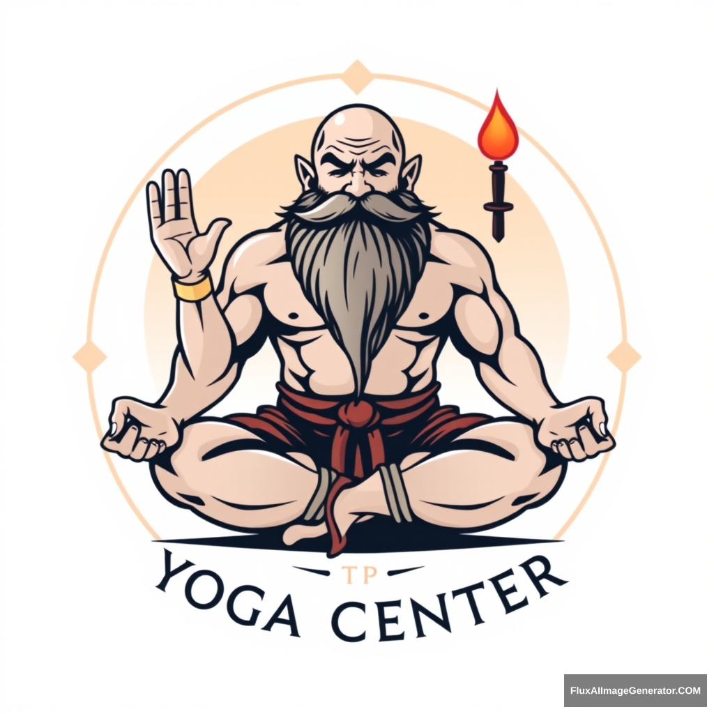 Yoga Center logo: a muscular large bald dwarf with a beard in the lotus position flirting with an altushka. - Image