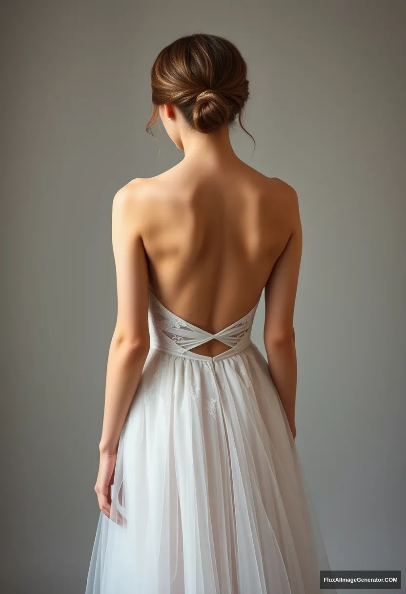 A young woman, sensitive, delicate, ashamed, backless strapless low-waisted airy ballet wedding dress. - Image