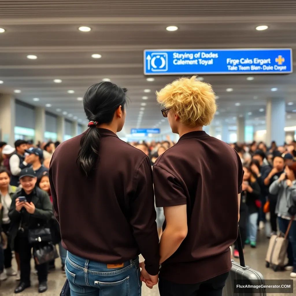 A man with curly, blonde hair that reaches his ears and a man with ebony hair tied in a low ponytail are holding each other's hands in front of a huge crowd of fans at the airport, showing their backs. Both are styled like K-pop idols, and the blonde man is taller.