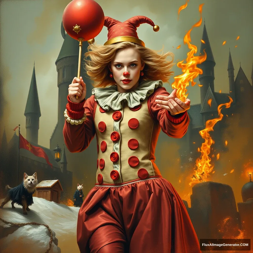 I want a painting of Scarlett Johansson wearing a clown costume while putting out a fire at Hogwarts.