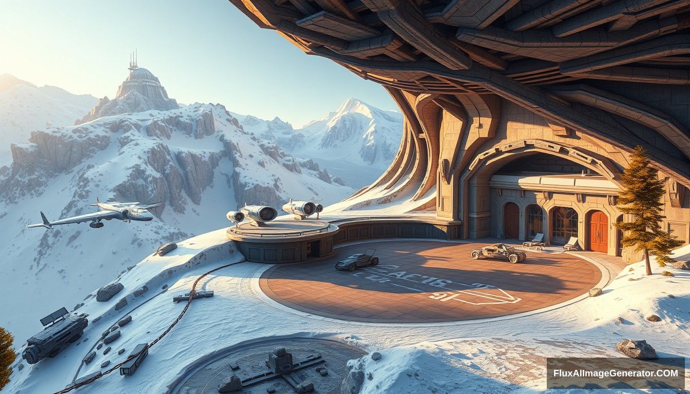 Cel shaded art, wide shot, a sci-fi center on the top of a snowy mountain, open air, close look, cyberpunk, military base, Star Wars style, indoor, patio, morning, sunlight, fortress, mountain, rock, snow, tarmac, parking apron, cave, tree, landing field, cliff, round shape, tower. - Image