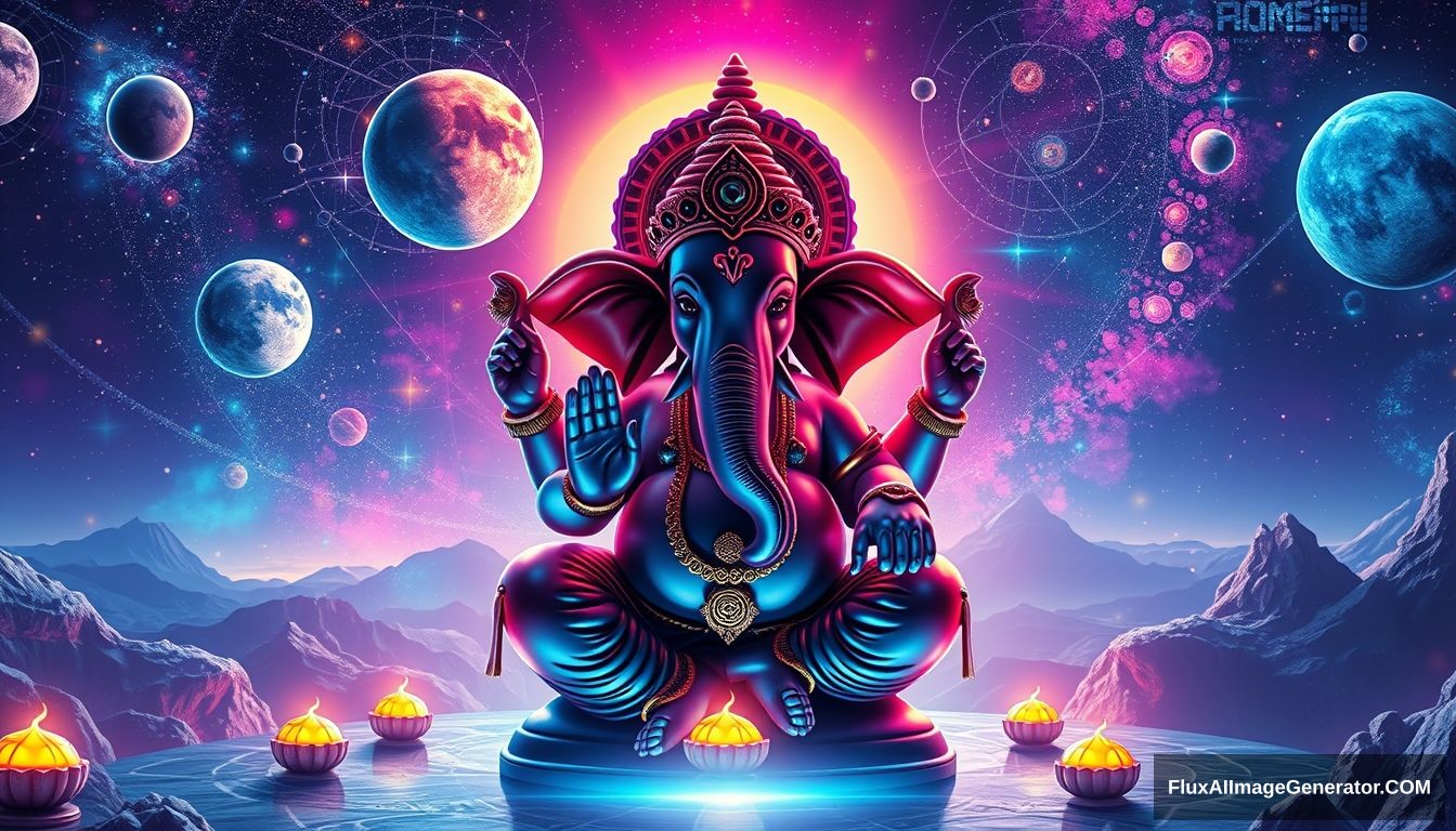 Create an out-of-this-world, futuristic depiction of the Ganesha festival. Imagine Lord Ganesha in a surreal cosmic setting, surrounded by floating galaxies, neon lights, and otherworldly landscapes. Use holographic and iridescent colors to highlight Ganesha’s form, blending traditional symbols like the elephant head and modaks with futuristic elements such as digital patterns and sci-fi motifs. Incorporate ethereal light beams, celestial bodies, and a sense of weightlessness to convey a cosmic celebration. The image should evoke a sense of awe and wonder, blending spiritual reverence with futuristic imagination. - Image