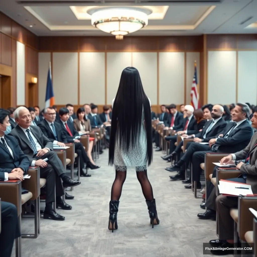 A full-body photo of a Chinese female idol with extremely long black straight hair, wearing black stockings and Martin boots on her lower body, and a white lace dress on her upper body, giving a speech in a conference room, with politicians from various countries seated in the audience. - Image