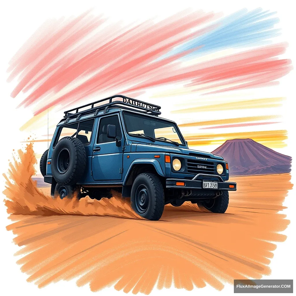 Create a crayon illustration of rough strokes, muted colors, a navy-blue "Daihatsu" Rugger 80s adventure car (accurately) crossing on sand. Setting of Mount Bromo, East Java, Indonesia. Dust, sunset. Red blue sky. Dramatic.