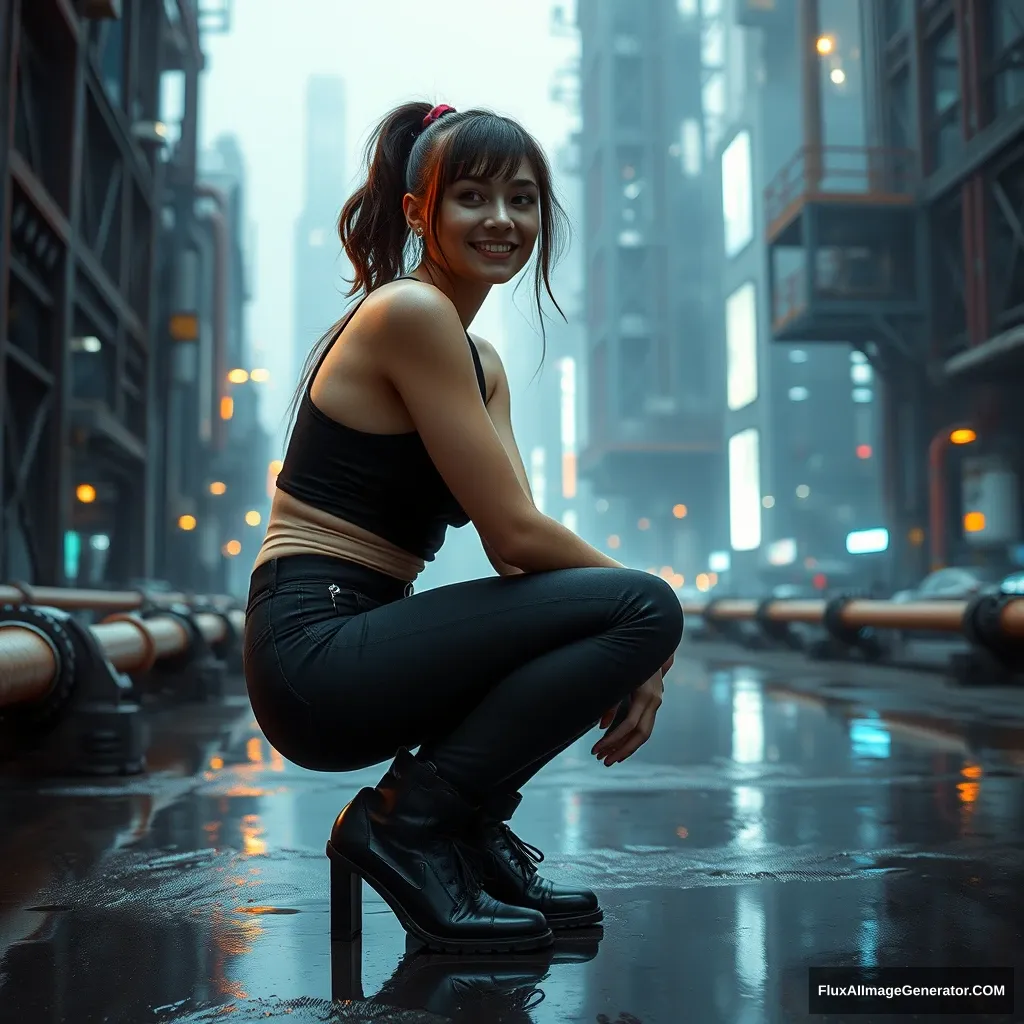 A cyberpunk woman squats in the distance, with a whimsical smile, against a backdrop of a vast industrial network technology cityscape, a sense of immense scale, long focal zoom perspective, servos, pipes, reflective wet ground, fashion photography, fluctuating depth of field, zoom blur. - Image