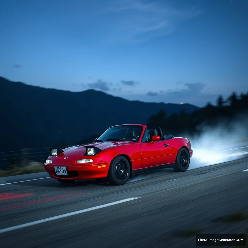 Create an image of a red 1991 Mazda Miata drifting on a Japanese mountain at night.