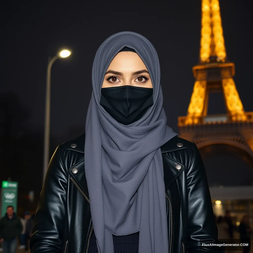 A big grey hijab Muslim girl, beautiful eyes, face mask black, black leather jacket, biggest longest skirt, standing near the Eiffel Tower, theme Olympic logos, night scenery, hyper realistic, street photography. - Image