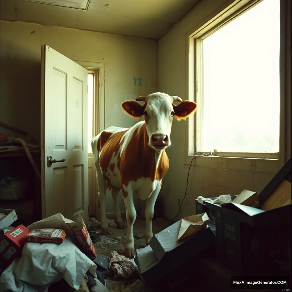 '70s surreal photo of cow in garbage house' - Image