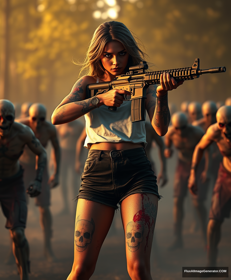 Portrait of a sexy woman in a white vest and black shorts, with many gypsy-style skull pattern tattoos on both arms and legs, her arm skin scratched, splashed blood on both arms and legs, holding an AR-15 rifle with both hands, aiming, surrounded by scary zombies, golden hour lighting, ray tracing, global illumination. - Image