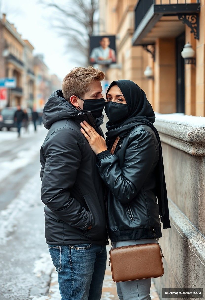 Jamie Dornan, handsome, young, wearing a black face mask, snow jacket, jeans, dating a beautiful Muslim girl in a black hijab with beautiful eyes, wearing a black face mask and black leather jacket, in a winter scenery, standing together near a wall in town, pinching each other's cheeks, photorealistic, street photography. - Image