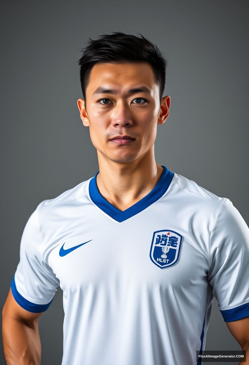 A high-quality portrait photo of a Chinese man with fair and delicate skin, wearing a white short-sleeve soccer jersey with blue cuffs and collar, featuring the Chinese word "幽灵" (meaning "Ghost") on the chest. He strikes a confident and imposing pose, with a determined gaze and bright eyes. This is an athlete's portrait shot in medium close-up, utilizing Rembrandt lighting, taken in a photography studio with bright and soft lighting against a gray background.