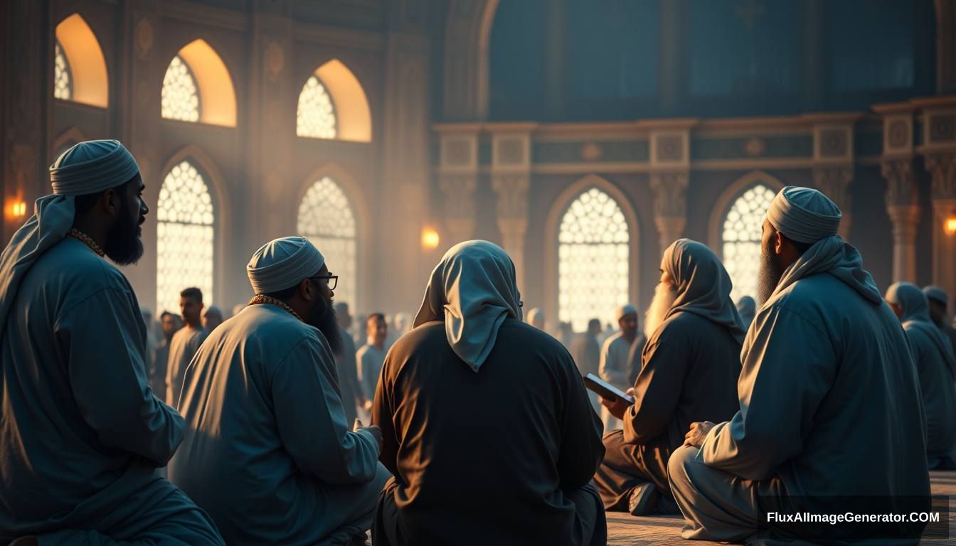 A reflective scene showing a group of Muslims contemplating and discussing the story of Tamim ad-Dari and Dajjal, set in a peaceful, scholarly environment. Ultra HD, realistic, contemplative, with warm and cinematic lighting.