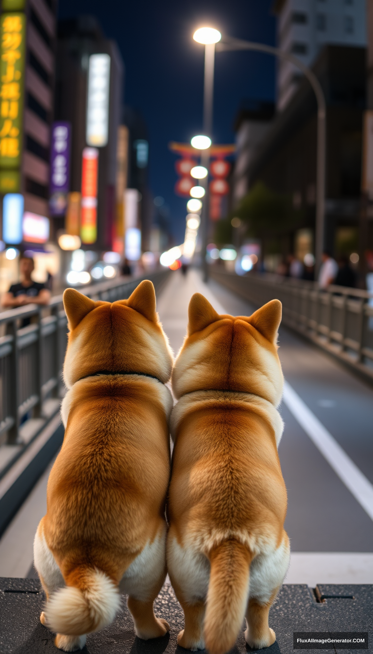 Two Shiba Inu dogs are admiring the night scenery on a bridge in the street at night, with their backs to the audience. - Image