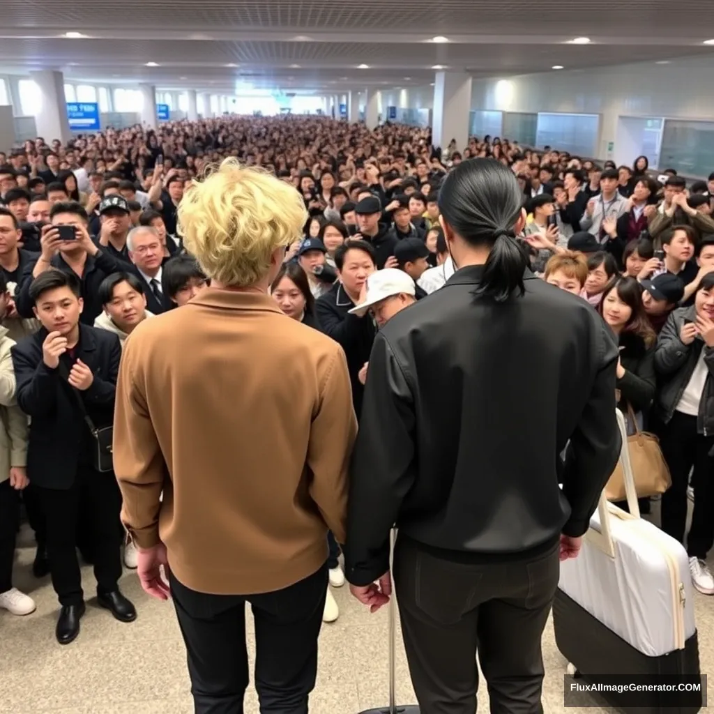 A man with curled, blonde ear-length hair and a man with low pony-tailed ebony hair are holding hands in front of a huge crowd of fans at the airport, showing their backs. Both are styled like K-pop idols, and the blonde man is taller. - Image