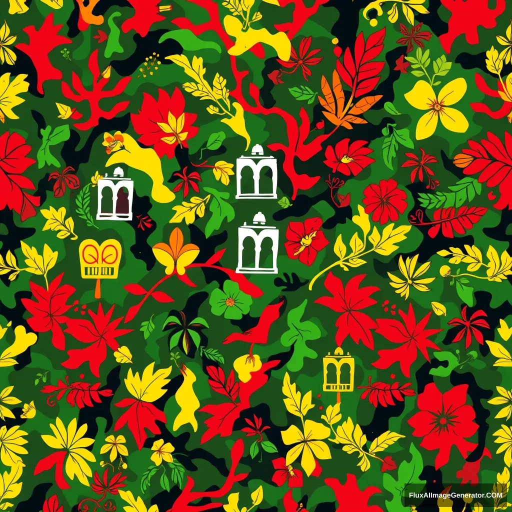 A captivating and vibrant conceptual art piece that seamlessly blends elements of Haitian culture with a camouflage pattern. The artwork features bright and bold colors, including shades of green, red, and yellow. Intricate patterns incorporate traditional Haitian motifs such as Vodou symbols and Caribbean flora and fauna. The overall design creates a unique and eye-catching camouflage pattern that can be utilized for various design purposes, such as illustrations, paintings, posters, and cinematic backdrops.