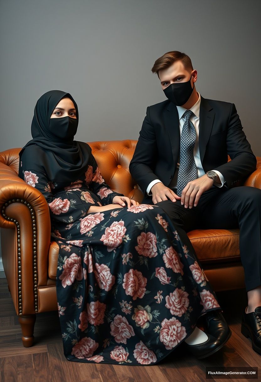 A biggest black hijab girl, slim girl, beautiful eyes, face mask black, biggest floral longest dress, sitting on leather single wing sofa.

Jamie Dornan, youngest, black suit coat, grey pattern tie, black leather sneaker, tall man, face mask black, fit body, sitting near her.

Hyper realistic, studio photography. - Image