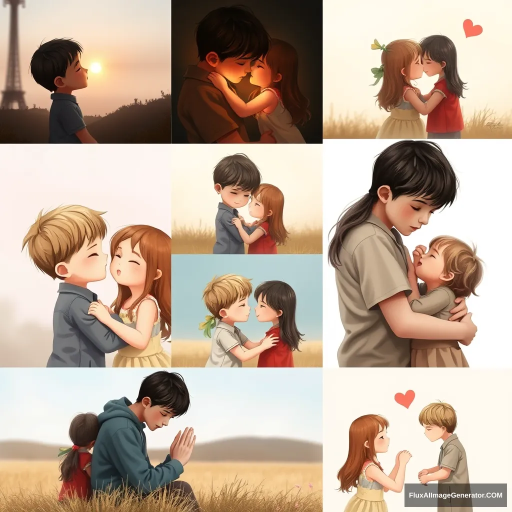 Collage of different images depicting tender moments of love between a cute boy and girl. - Image