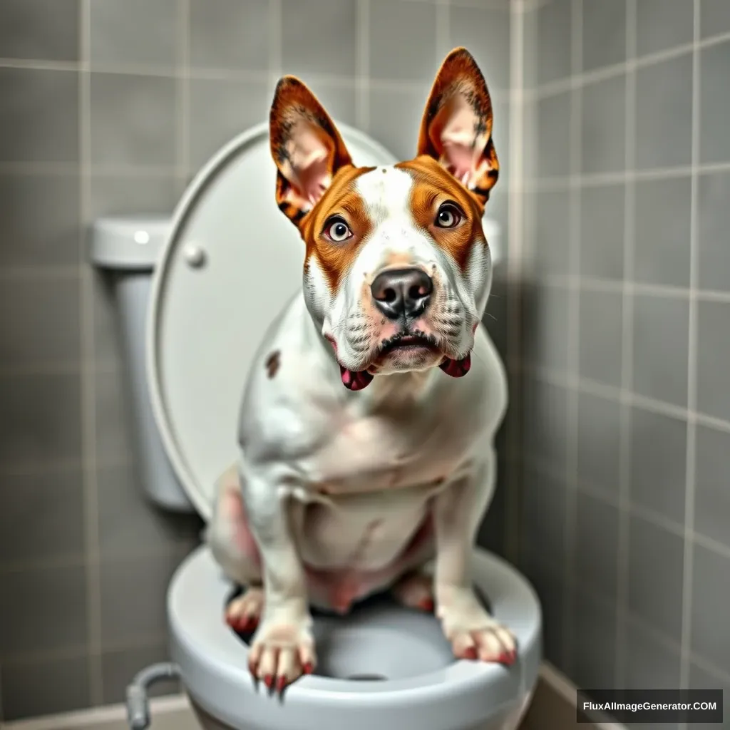 bull terrier sitting on a toilet - Image