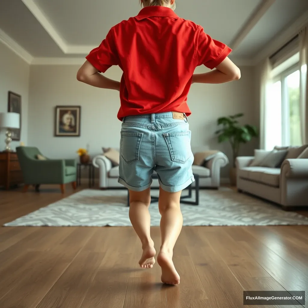 Front view of a blonde skinny woman in her massive living room, wearing a massively oversized red polo shirt that is very off balance on one shoulder, and big light blue denim shorts that reach her knees. She is barefoot, facing the camera as she gets off her chair and runs towards it with both arms straight down at her sides. - Image