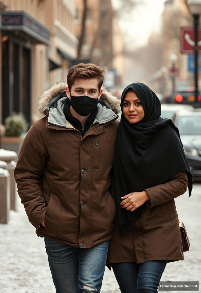 Jamie Dornan, handsome, young, black face mask, snow jacket, jeans, dating a beautiful black hijab girl with beautiful eyes, black face mask, snow jacket, winter scenery, walking together in town, hyper realistic, street photography.