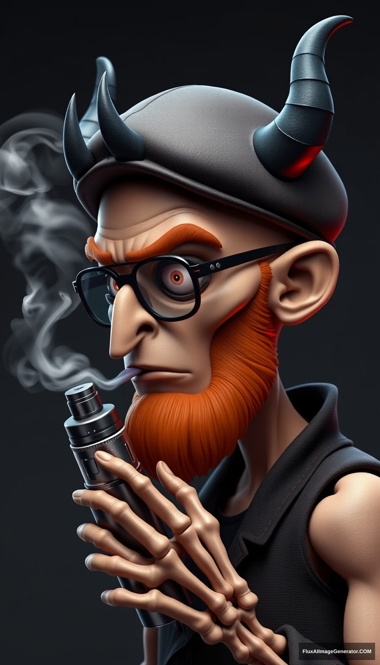 Three-quarter view of a sinister, bald cartoon human male with subtle necromancer features. Demonic obsidian horns contrast with a short, fiery ginger beard. Weathered flat cap and aviator glasses, hellfire glowing eyes. Skeletal fingers clutch a chrome vape mod, exhaling dense, swirling vapor clouds. 3D rendered.