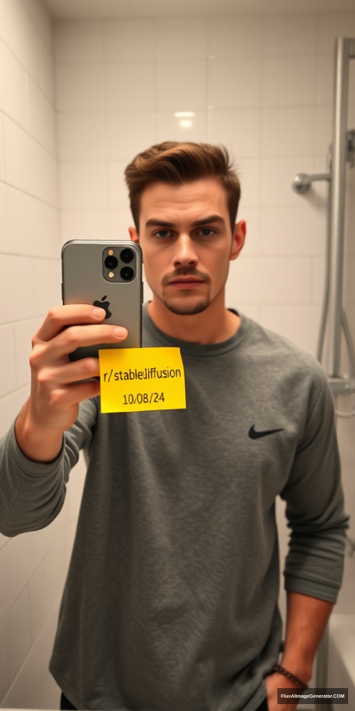 Man in a meticulously detailed bathroom, capturing a mirror selfie with the latest iPhone. He's holding a vibrant yellow post-it note displaying "r/stablediffusion" and "10/08/24". Hyper-realistic style with precise lighting, reflections, and textures. Verification-style composition, natural color palette. Subtle tension in expression, modern tech-savvy atmosphere. - Image