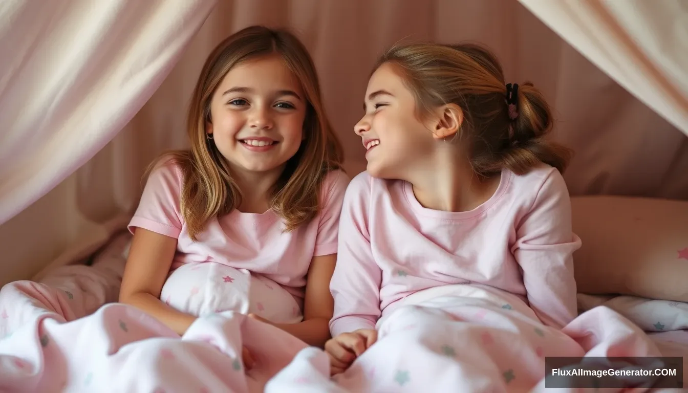 Two girls blush as they realize they have to get much closer together than they expected in their sleepover blanket fort. - Image