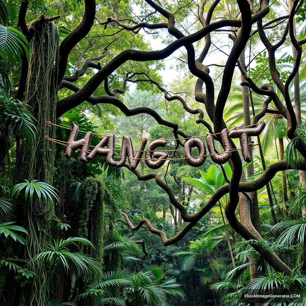 A jungle, with tree branches that spell "hang out"