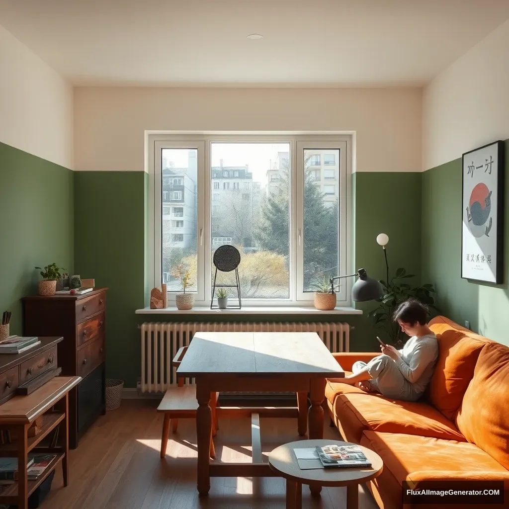 A cozy room, with one large window in the middle. It is sunny, but the light is not blinding. The room has a wooden eating table towards the window. The paint on the wall is both eggshell white and green with a horizontal line dividing them, the green at the bottom. There is a sofa with a small sofa table, and some plants and light bulbs to make it cozy. The window is very big, 1.5x1.5 meters. The wood on the tables is the same, and the color of the sofa is a shade of orange. There is a dresser in the room too, up against the wall. There are art supplies in it, like watercolor painting materials. On the wall is a cool poster that has something to do with Korean, which should have something written in Hangul. There aren't many tables. There is a radiator under the full length of the window. There is a ceiling light. A person is sitting on the couch with their Samsung 22 cellphone.